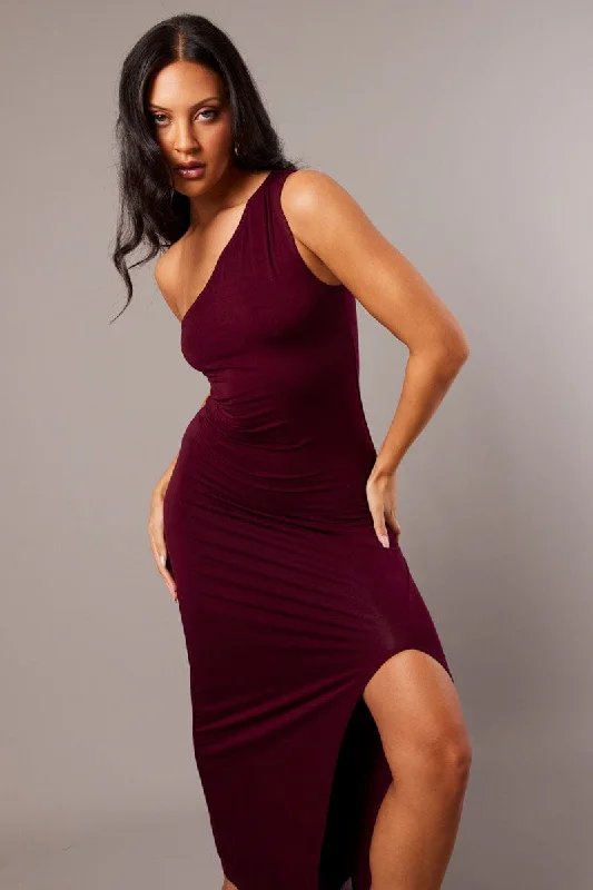 Unique Design Red One Shoulder Maxi Dress Side Split
