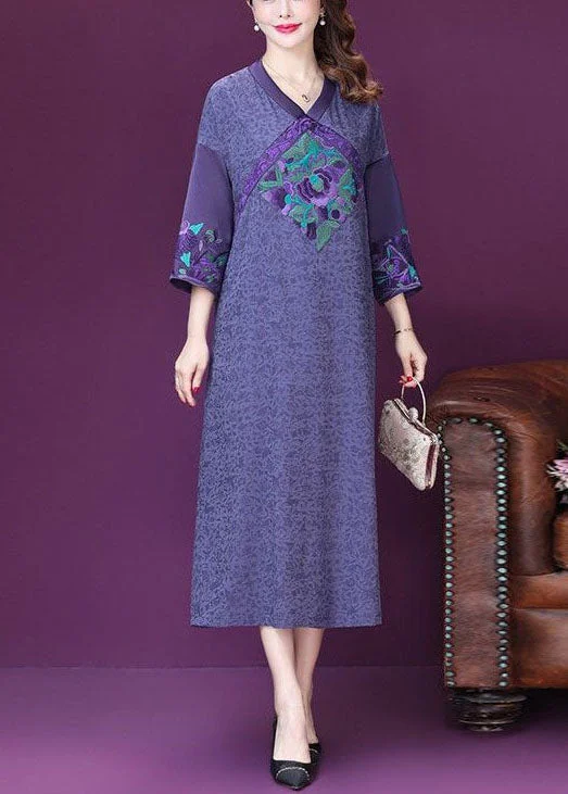 Practical Style Beautiful Purple Embroideried Patchwork Silk A Line Dresses Bracelet Sleeve