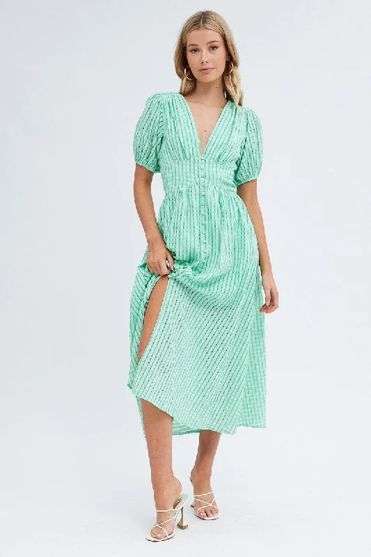 Nightclub Style Green Check Check Puff Sleeve Midi Dress