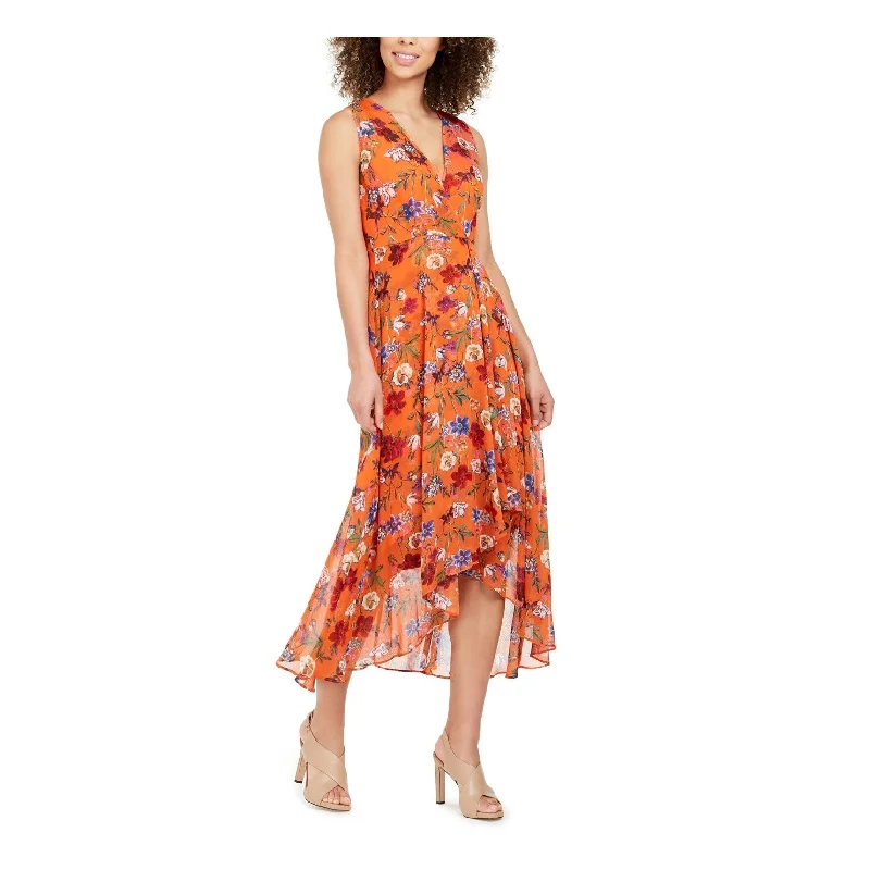 Classic Color Calvin Klein Womens Floral High-Low Dress, Orange, 16