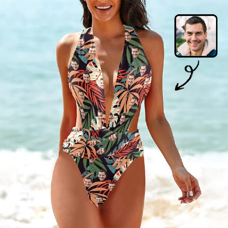 Exquisite Embroidery Custom Face Leaves Red&Green Women's Deep V-Neck Low Back Crossover One Piece Swimsuit Custom Picture Bathing Suit Exquisite Embroidery Custom Face Leaves Red&Green Women's Deep V-Neck Low Back Crossover One Piece Swimsuit Custom Picture Bathing Suit