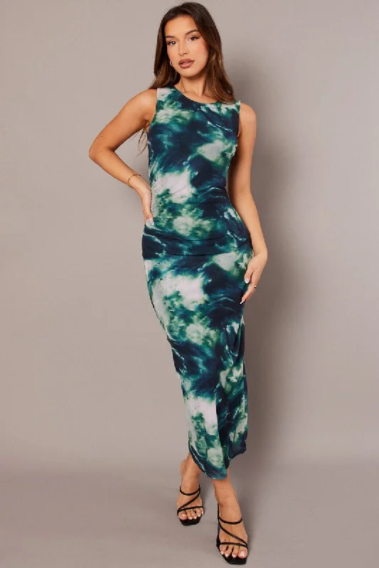 Fashion Style Green Abstract Bodycon Dress Sleeveless