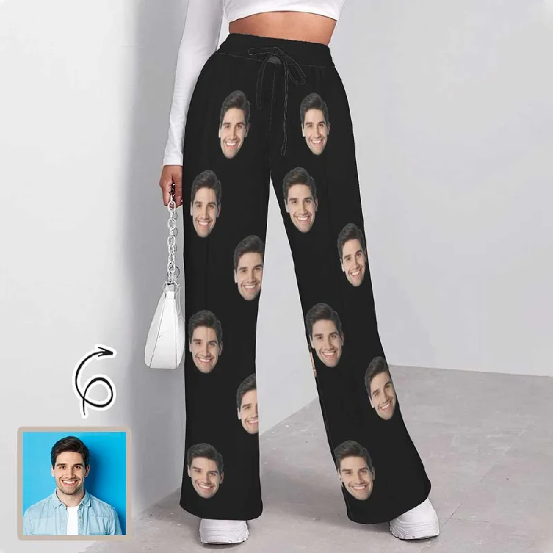 Comfortable And Cold-proof Custom Face Solid Black Women's Drawstring Wide Leg Sweatpants