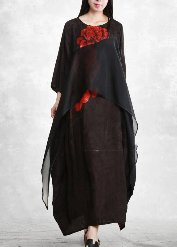 Versatile Items Bohemian Black O-Neck Asymmetrical Floral Print Long Dresses Three Quarter sleeve
