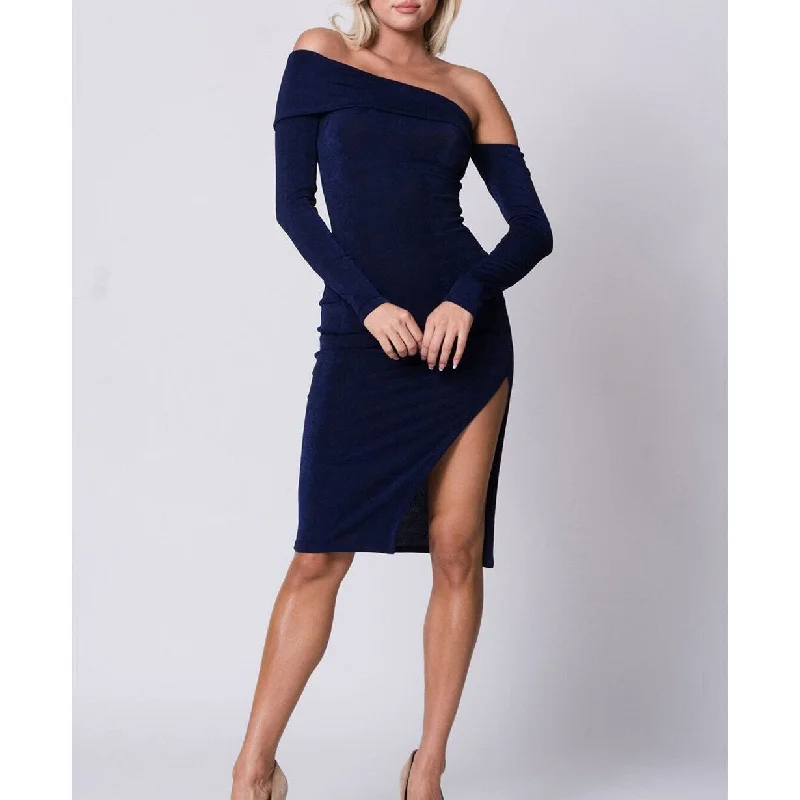 High-end Design Lux LA Long Women's Sleeve Off Shoulder Solid Slit Dress Navy Size P - Petite High-end Design Lux LA Long Women's Sleeve Off Shoulder Solid Slit Dress Navy Size P - Petite