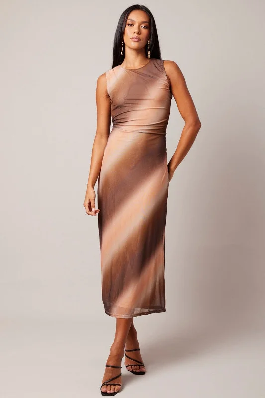 Easy Fashion Brown Abstract Bodycon Dress Round Neck Sleeveless Mesh