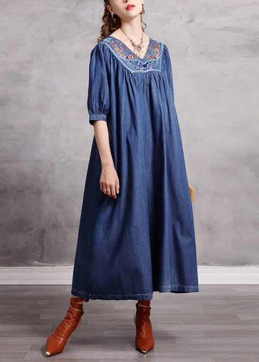 Design Must-have Beautiful Blue V Neck Embroidered Extra Large Hem Cotton Vacation Dresses Half Sleeve
