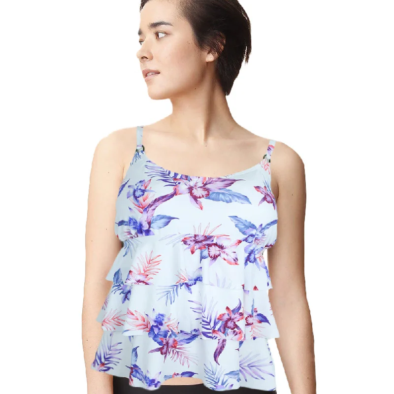 Lace Design Women's Ruffled Printed Tankini Top,White