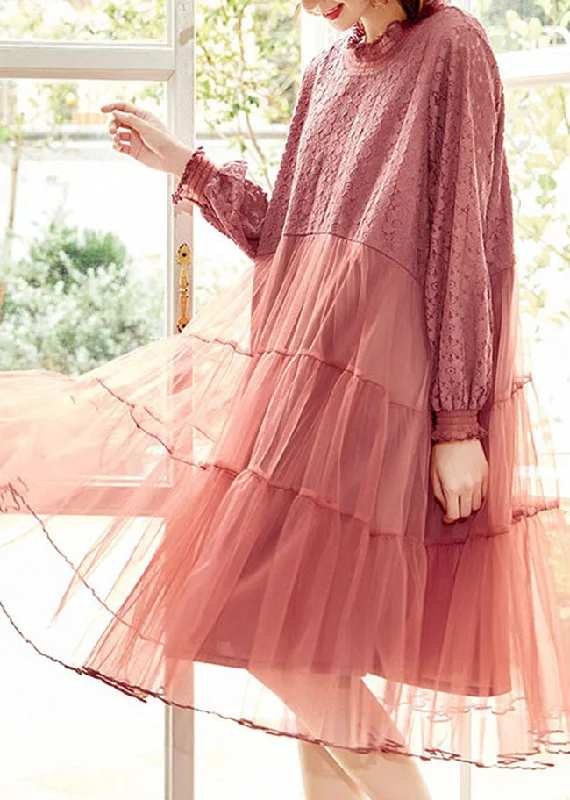 Fashion Innovation Beautiful Pink Ruffled Tulle Patchwork Lace Dresses Spring
