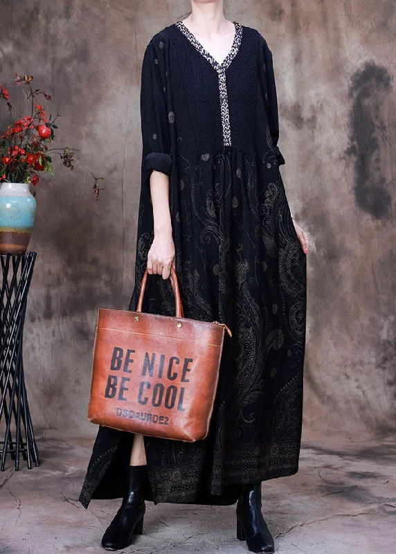 Fashion Selection Black side open Patchwork Velour Long Dresses Spring