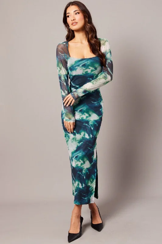 Bright Colors Green Abstract Bodycon Dress Long Sleeve Square Neck Mesh