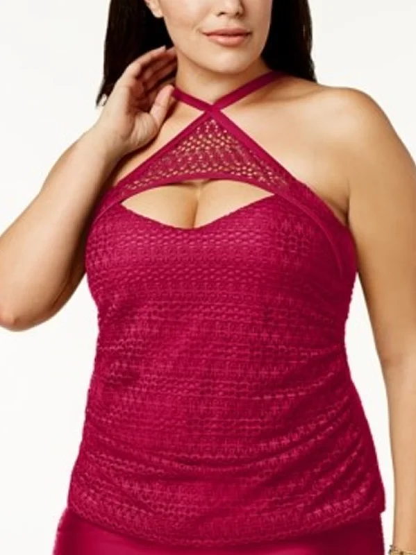Basic Version Women's Crochet High Neck Tankini Top,Red