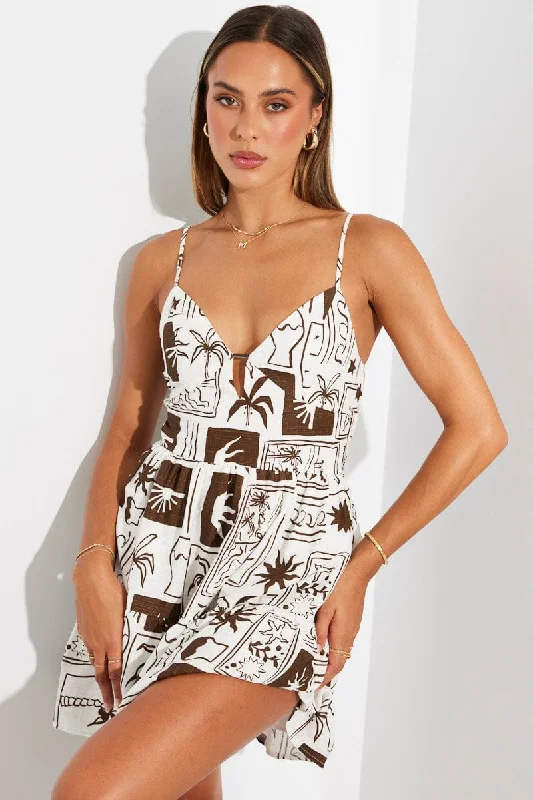 Floral Prints Brown Abstract Fit And Flare Dress Sleeveless