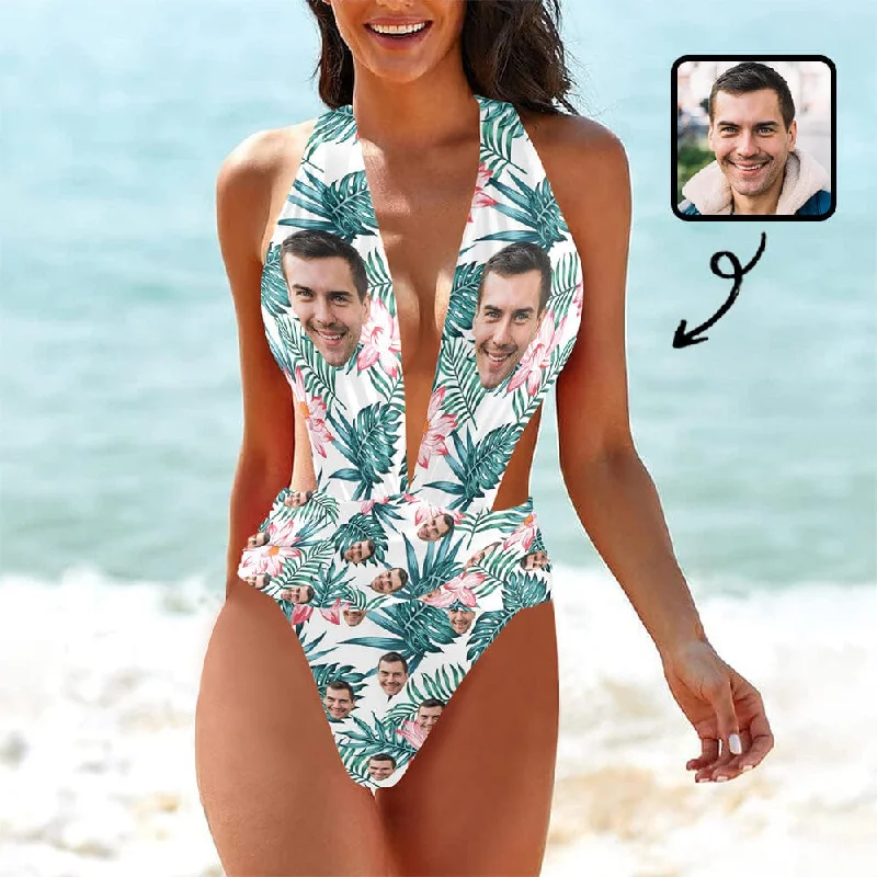 British Style Custom Face Green Leaves Women's Deep V-Neck Low Back Crossover One Piece Swimsuit Custom Picture Bathing Suit British Style Custom Face Green Leaves Women's Deep V-Neck Low Back Crossover One Piece Swimsuit Custom Picture Bathing Suit