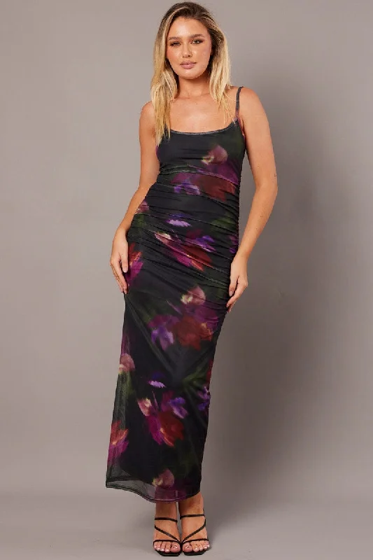 Luxury Temperament Multi Floral Bodycon Dress Singlet