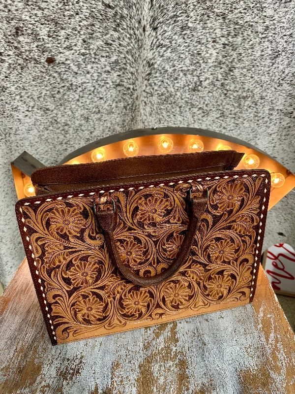Goddess Outfit Dark Brown Tooled Leather Tote with White Stitch