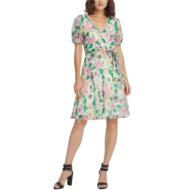 Letter embroidery DKNY Womens Puff Sleeve Fit & Flare Surplice Dress, Multicoloured, 10 Letter embroidery DKNY Womens Puff Sleeve Fit & Flare Surplice Dress, Multicoloured, 10