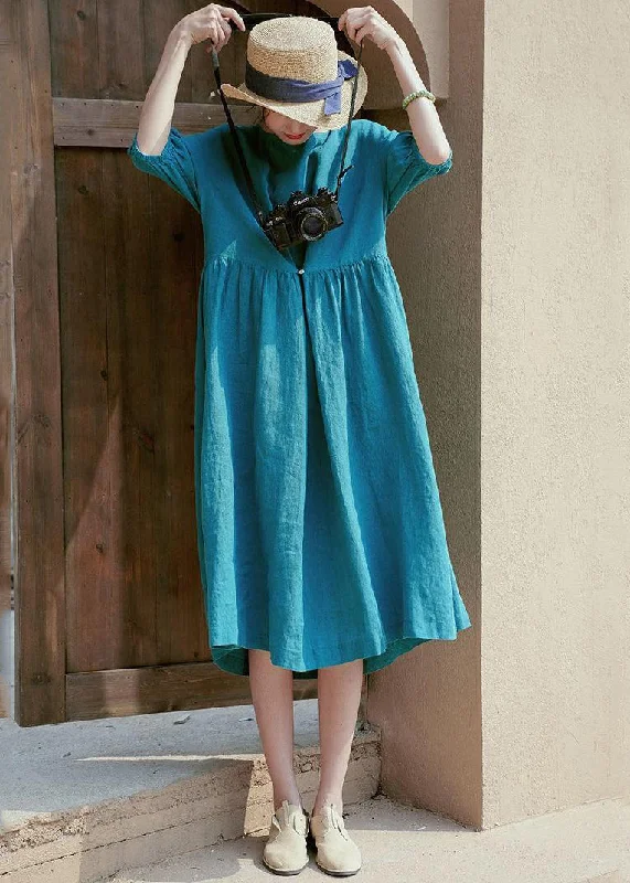 Playful Style Blue Oversized Linen Maxi Dresses Button Wrinkled Half Sleeve