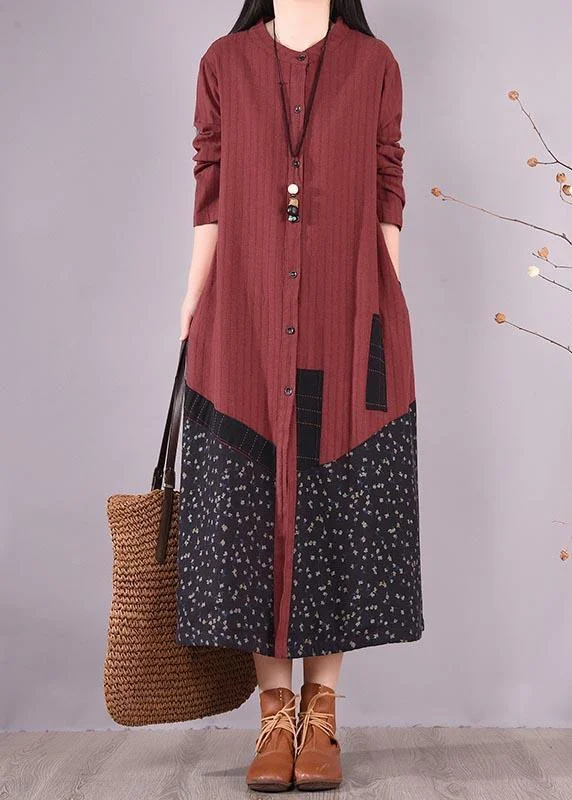 Simple Design Beautiful Red Patchwork Print Dress O Neck Pockets Traveling Spring Dresses Simple Design Beautiful Red Patchwork Print Dress O Neck Pockets Traveling Spring Dresses