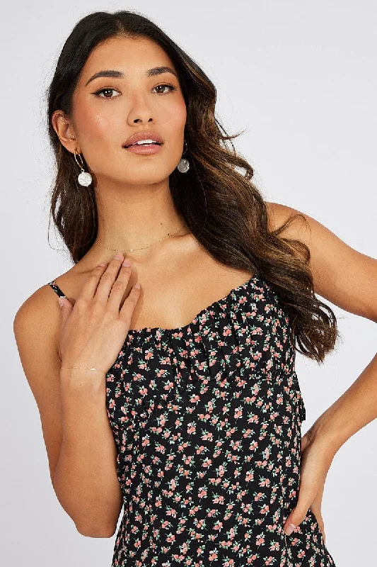 Unique Prints Black Floral Maxi Dress Gathered Bust Strappy
