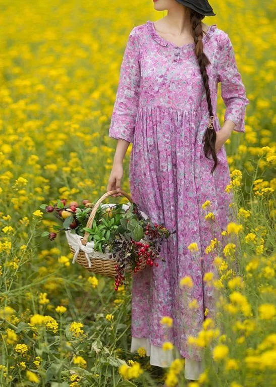 Low-key Luxury Bohemian Purple Print Quilting Dresses O Neck Ruffles Maxi Summer Dress