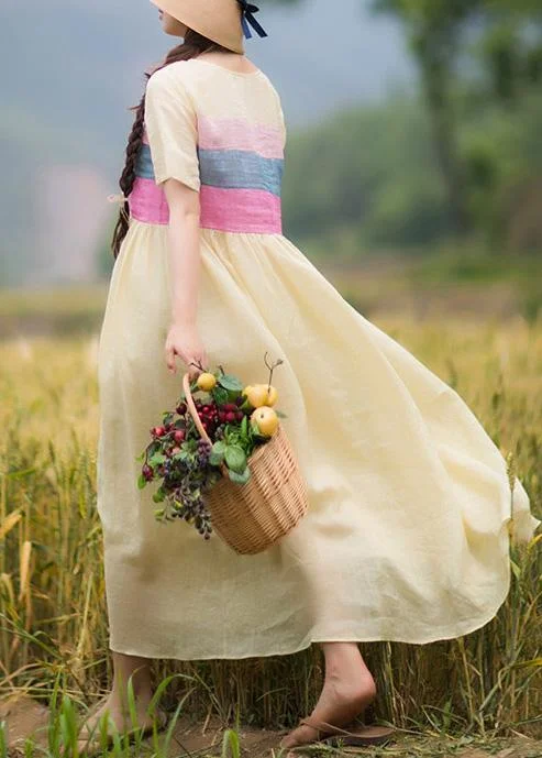 Street Fashion Beautiful Yellow Tunic Dress O Neck Patchwork Traveling Summer Dresses