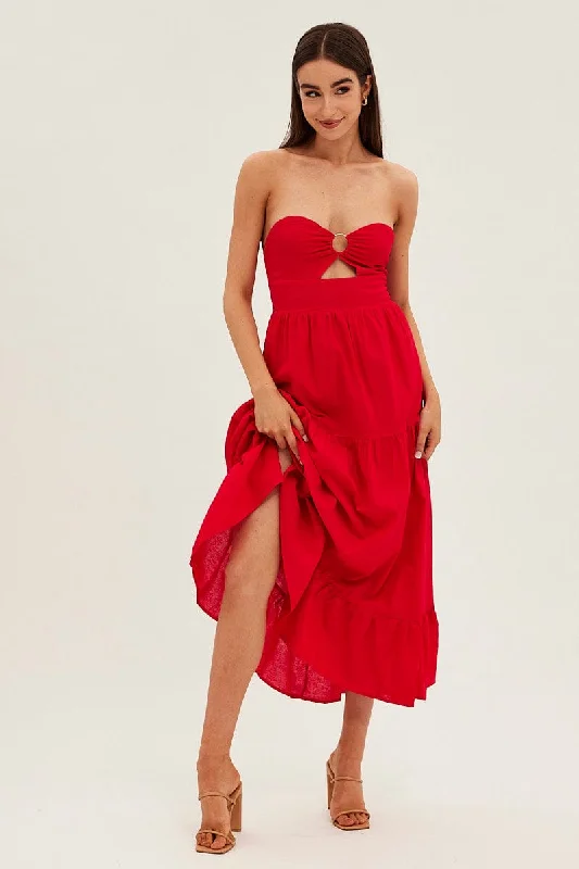 Independent design Red Maxi Dress Sleeveless Bandeau Ring Detail