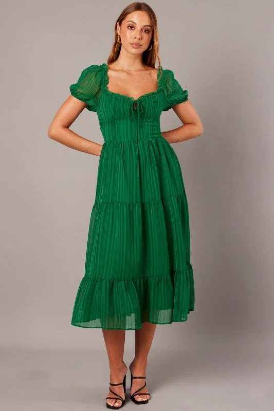 Sports suit style Green Midi Dress Puff Sleeve