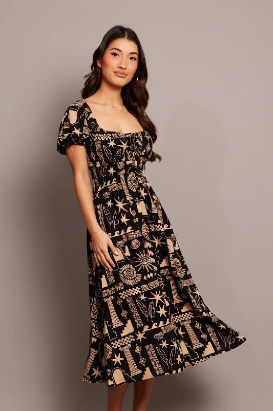 Fresh And Capable Black Abstract Midi Dress Short Sleeve Ruched Bust