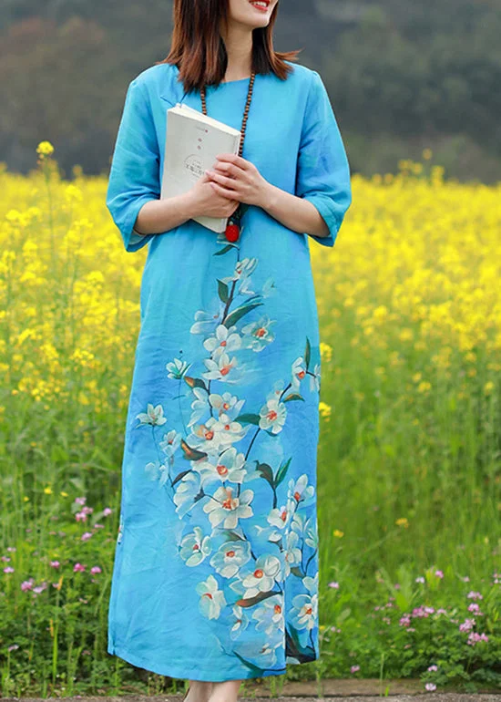 Personalized print Boutique Blue O-Neck side open Floral Print Linen Long Dresses Half Sleeve