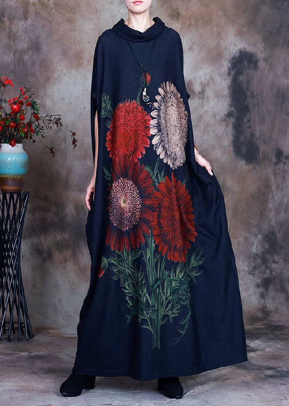 Minimalism Bohemian Blue Turtle Neck Print Velour Robe Dresses Spring