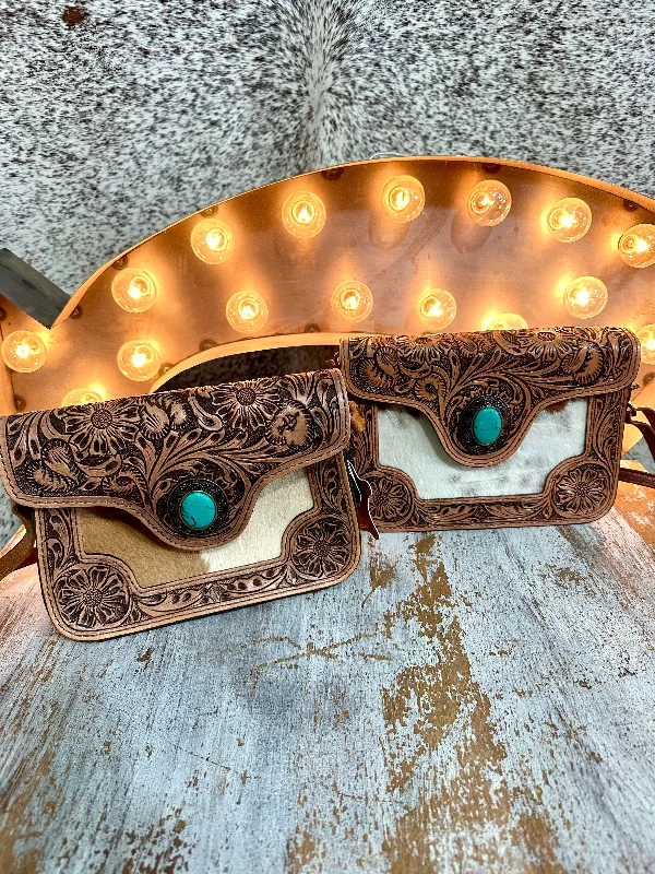 Personalized Series Cowhide & Leather Corssbody with Turquoise Stone