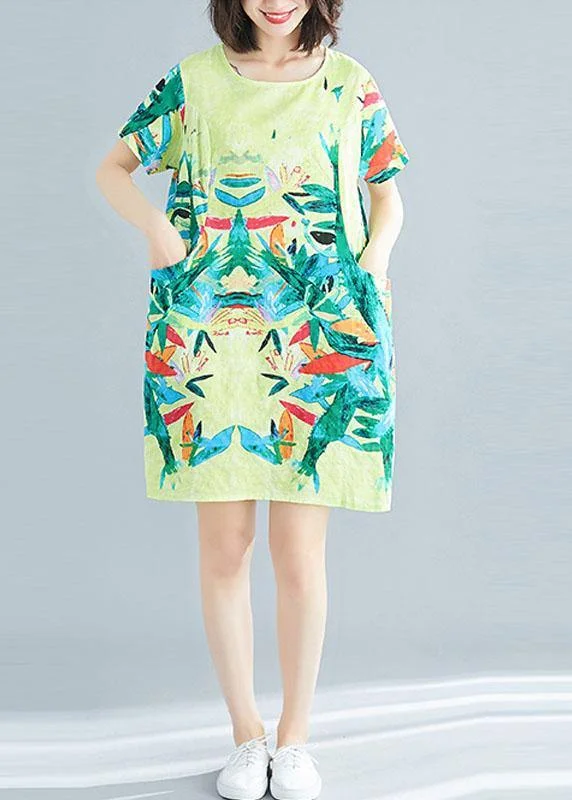 Basic Version Beautiful Yellow Retro Print Summer Robe Dresses Short Sleeve