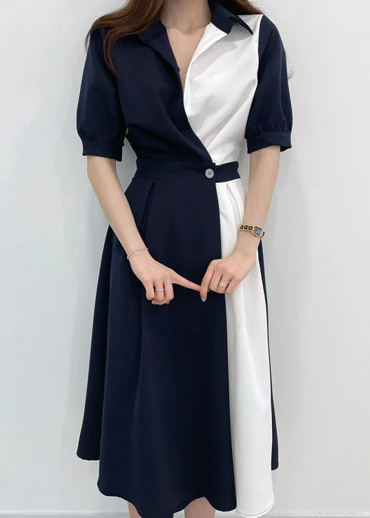 Noble And Elegant Blue Patchwork Cinched Cotton Maxi Dresses Short Sleeve