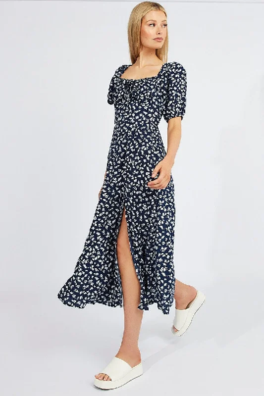 Fashion And Simplicity Black Ditsy Midi Dress Short Sleeve Ruched Bust
