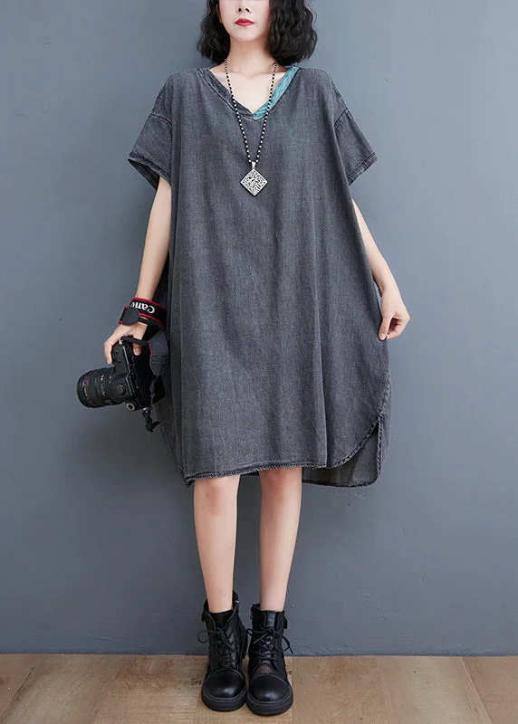 Elegant and noble Boutique Black V Neck Patchwork low high design Denim Dresses Short Sleeve Elegant and noble Boutique Black V Neck Patchwork low high design Denim Dresses Short Sleeve