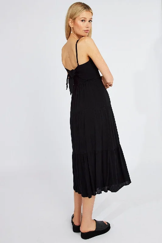 Casual Wear Black Midi Dress Sleeveless Shirred Tie Back