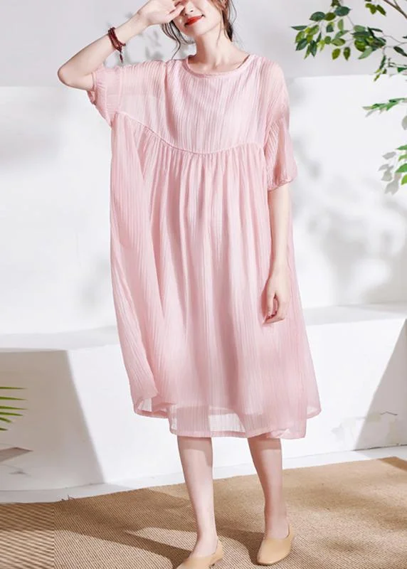 Slim Fit Boho Pink O-Neck Patchwork Summer Cotton Maxi Dresses Half Sleeve