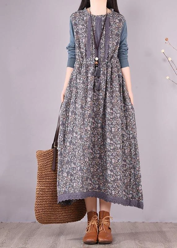 Relaxed Wear Beautiful Blue Patchwork Print Dresses O Neck Lace Robe Spring Dresses