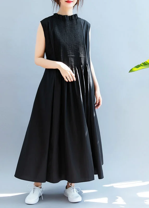 Amazing design Boutique Black Ruffled wrinkled Cotton Dresses Sleeveless