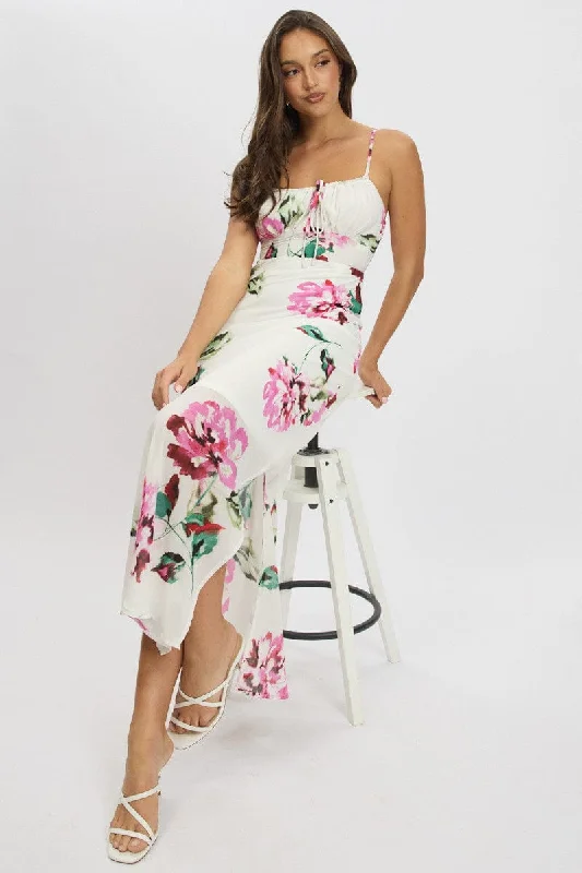 College Style Purple Floral Midi Dress Gathering Bust Sleeveless