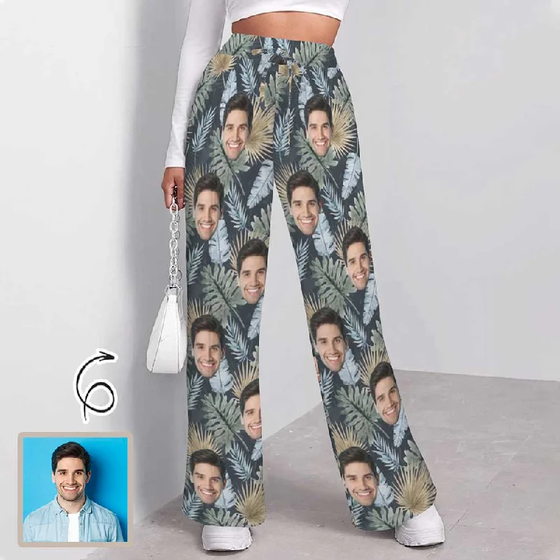 Urban Style Custom Face Leaf Pattern Women's Drawstring Wide Leg Sweatpants