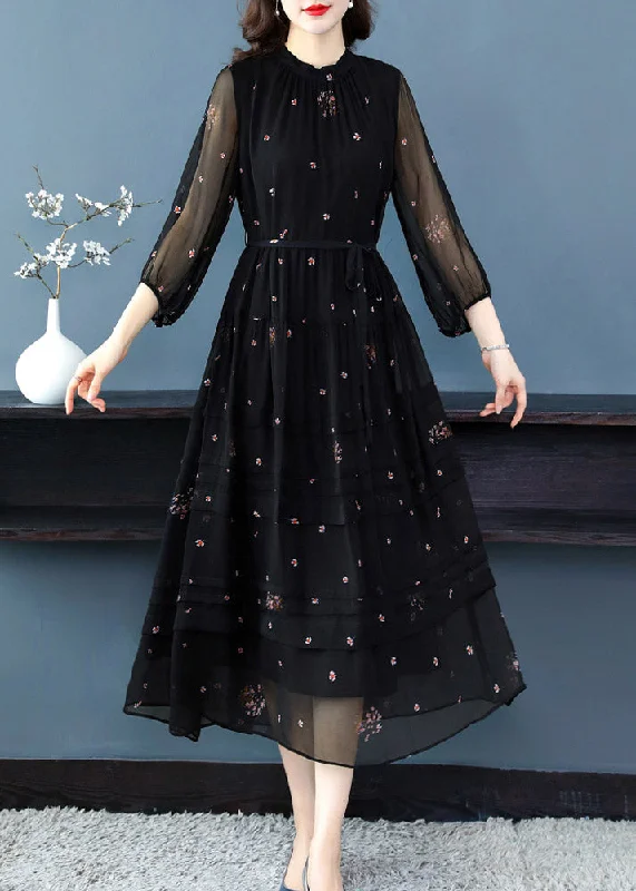 Classic Retro Black Tie Waist Silk Long Dresses Long Sleeve
