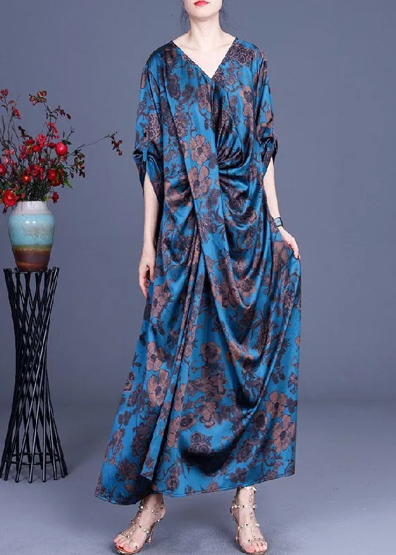 Elegant Temperament Blue Vogue Print Summer Silk Robe Dresses Half Sleeve