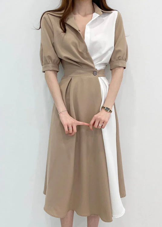 High-end Fashion Beautiful Khaki Peter Pan Collar Patchwork Cotton Dresses Short Sleeve