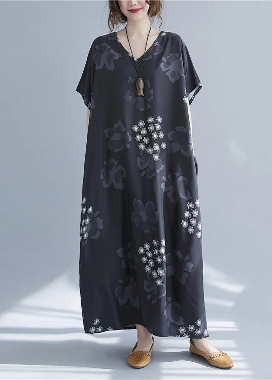 Cozy Fit Baggy Black V Neck Snowflake Print Chiffon Long Dresses Short Sleeve