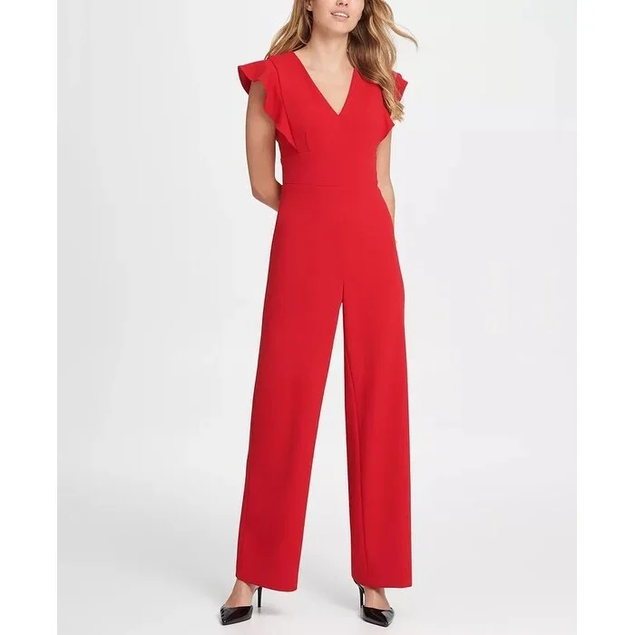 Tropical Style DKNY Women's Ruffle Detail Jumpsuit Medium Red Size 8