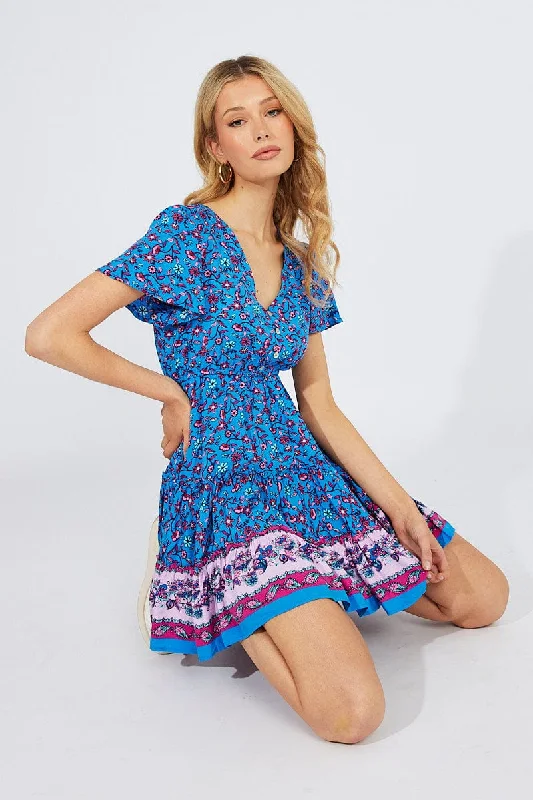 Soft Fashion Blue Boho Fit And Flare Dress V-neck Mini