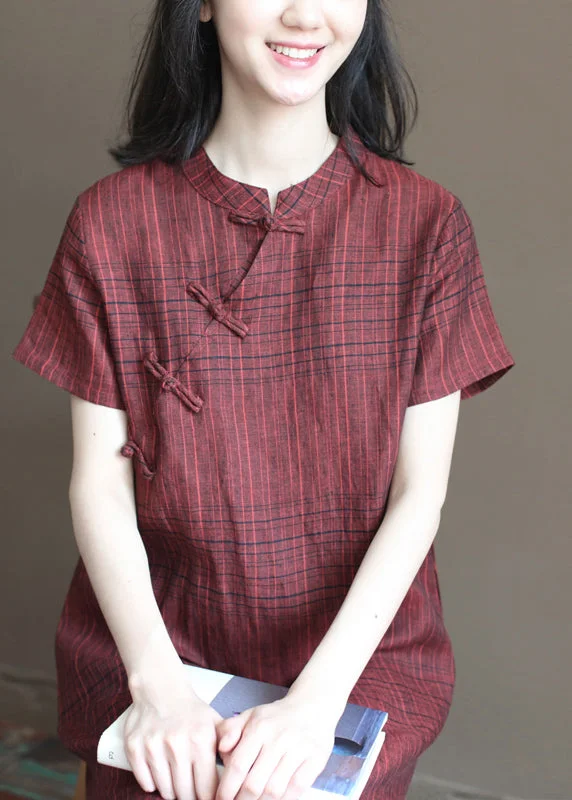 Free Design Beautiful Dark Red Plaid Stand Collar Chinese Style Button Linen A Line Dresses Short Sleeve