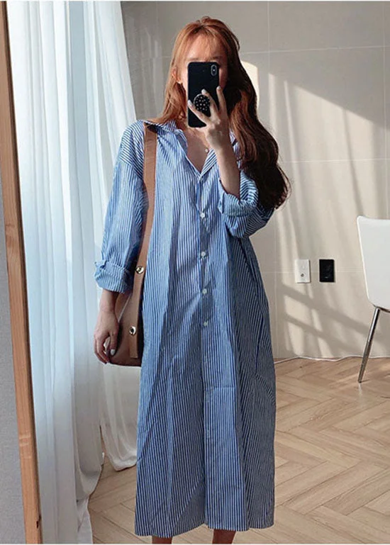 Exquisite Craftsmanship Blue Cotton Button Striped Shirt Dresses Spring